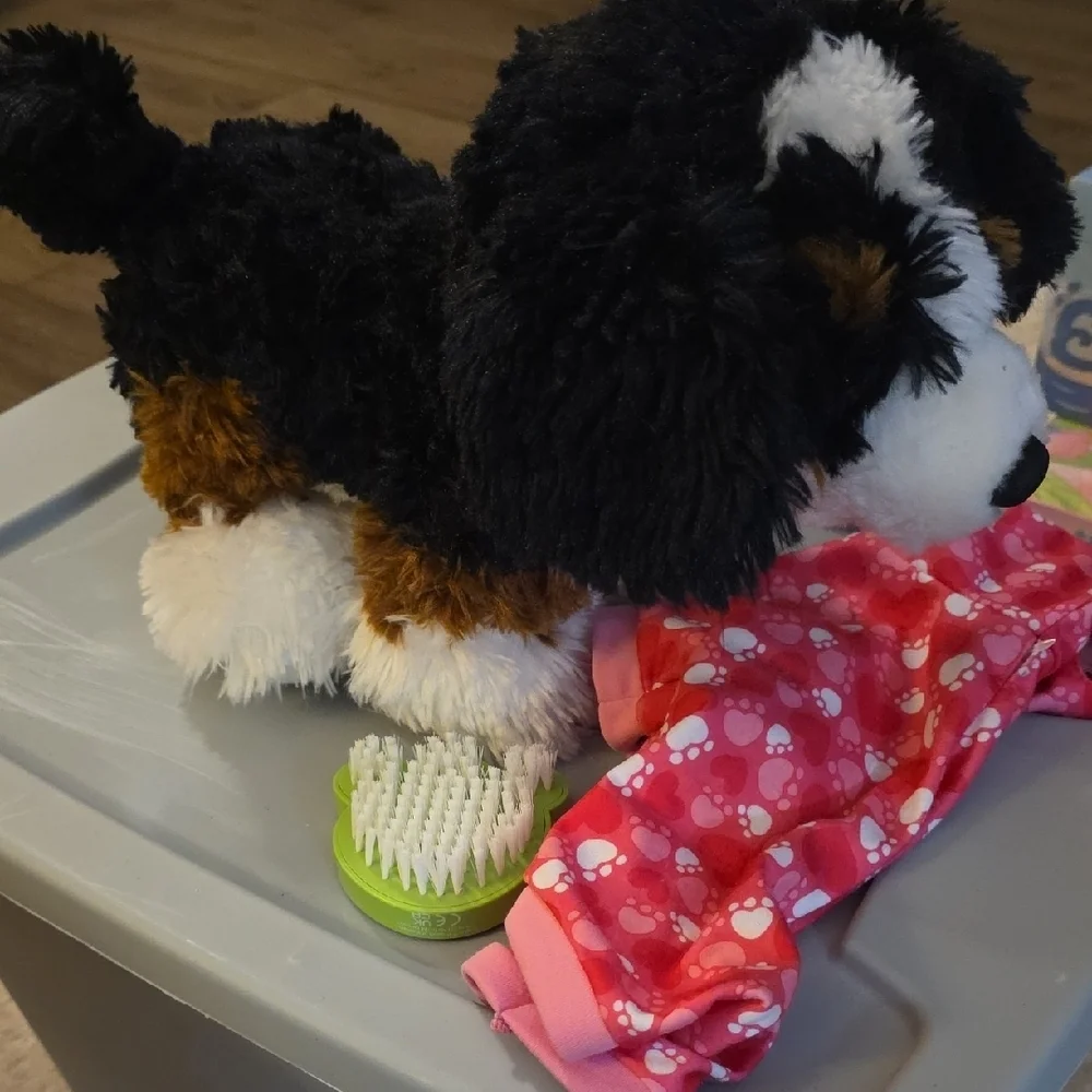 (J46) Build-A-Bear Pink Paw Print Hoodie Dog With Brush